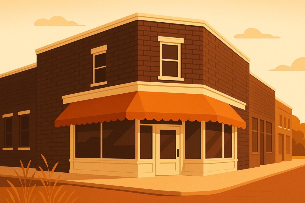 Illustration of a new locally owned dispensary storefront in downtown Pekin, Illinois