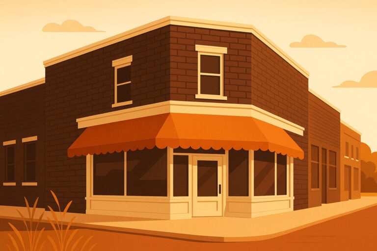Illustration of a new locally owned dispensary storefront in downtown Pekin, Illinois