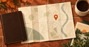 Illustrated Metamora to Pekin dispensary visit planning map with an orange location marker.